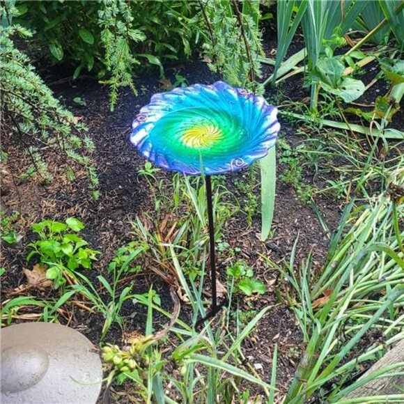 Glass Bird Bath for Outside Blue Birdbath Bowl & Birdfeeder with Metal Stake - Picture 4 of 7
